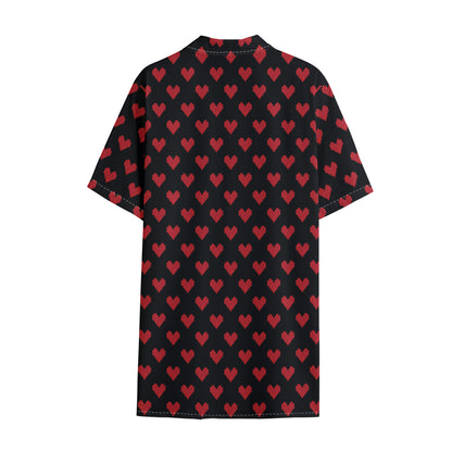 Pixel Heart Pattern Print Cotton Hawaiian Shirt