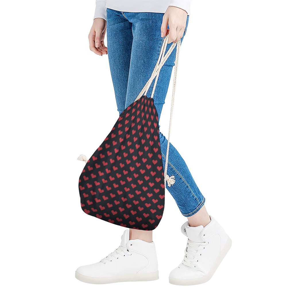 Pixel Heart Pattern Print Drawstring Bag