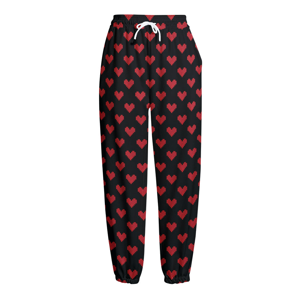 Pixel Heart Pattern Print Fleece Lined Knit Pants