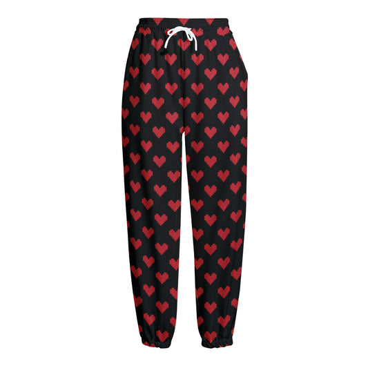 Pixel Heart Pattern Print Fleece Lined Knit Pants
