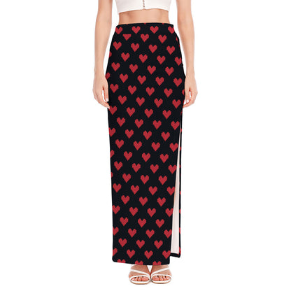 Pixel Heart Pattern Print High Slit Maxi Skirt