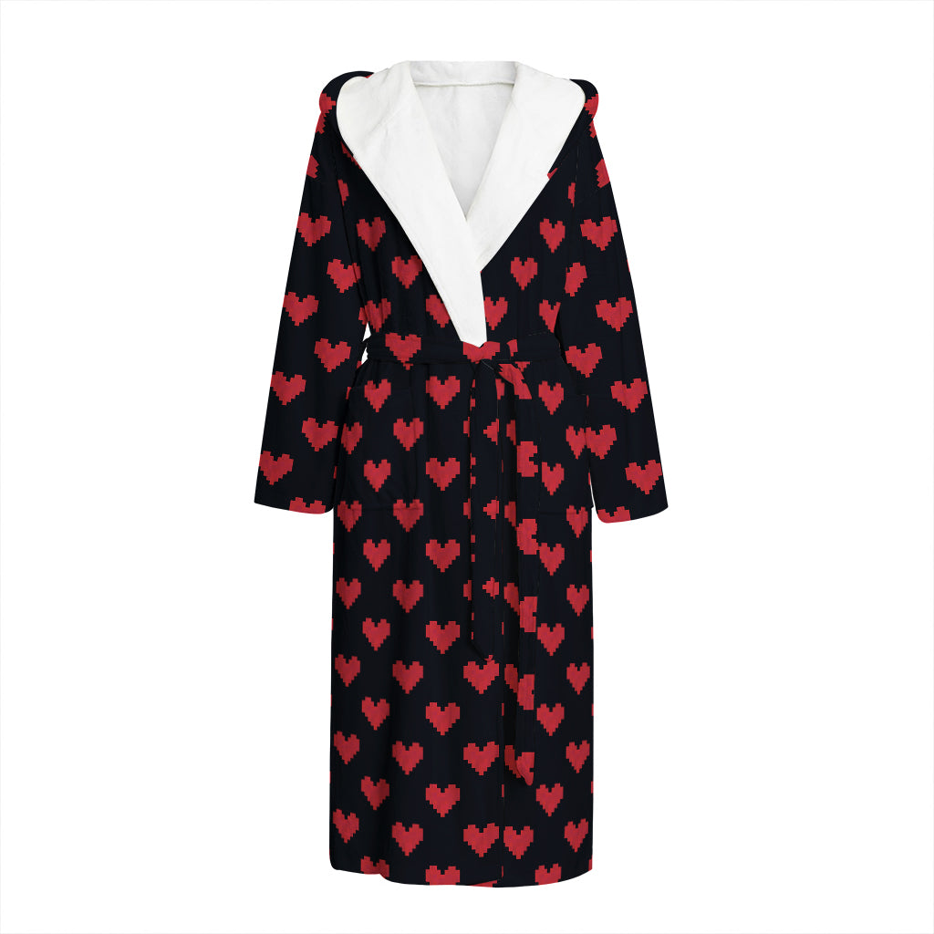 Pixel Heart Pattern Print Hooded Bathrobe