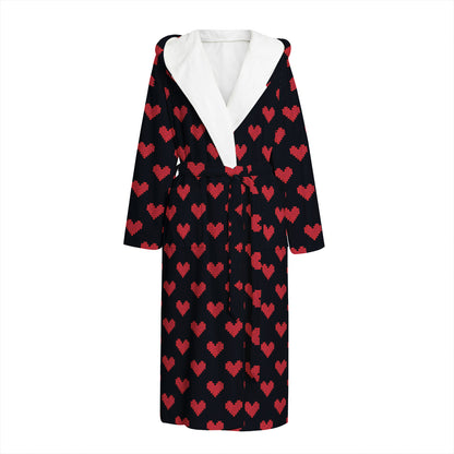 Pixel Heart Pattern Print Hooded Bathrobe