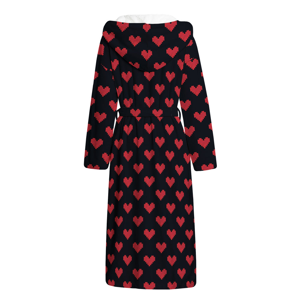 Pixel Heart Pattern Print Hooded Bathrobe