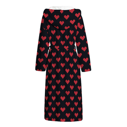 Pixel Heart Pattern Print Hooded Bathrobe
