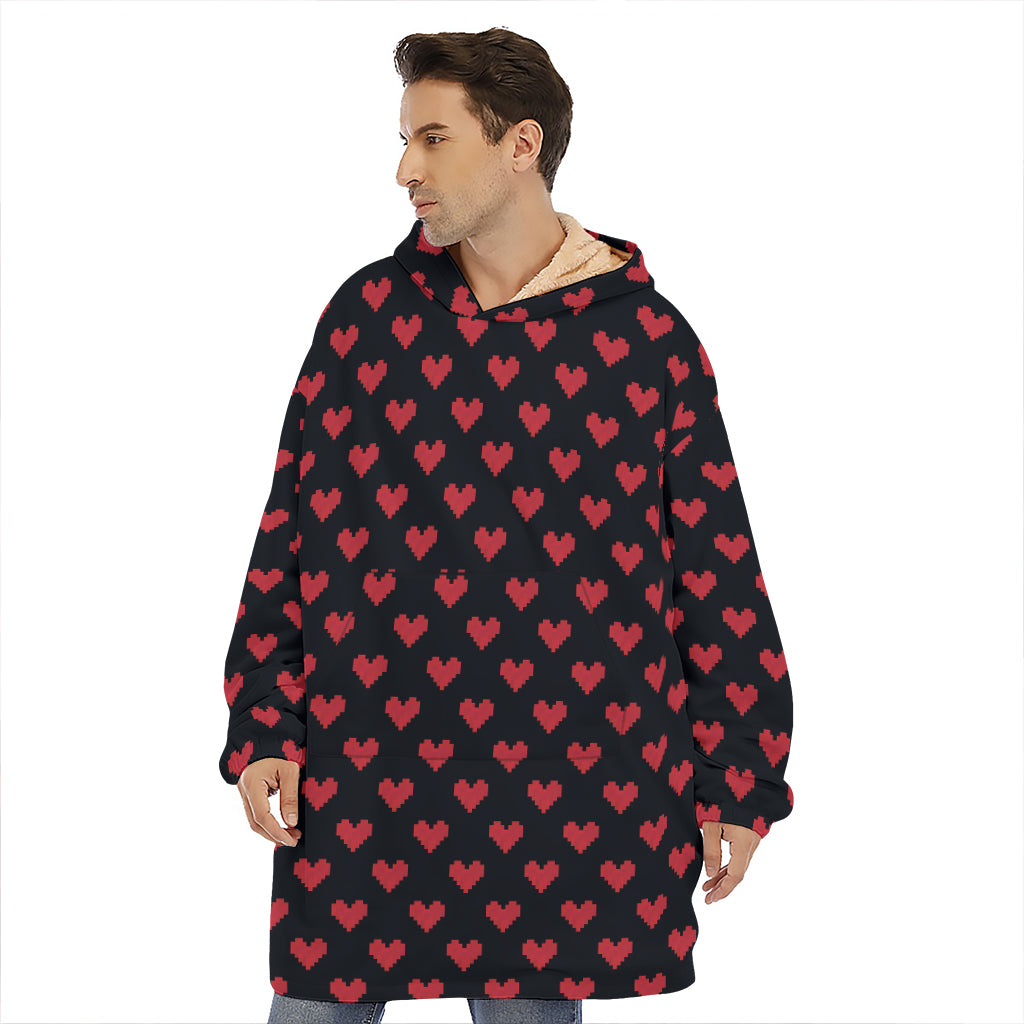 Pixel Heart Pattern Print Hoodie Blanket