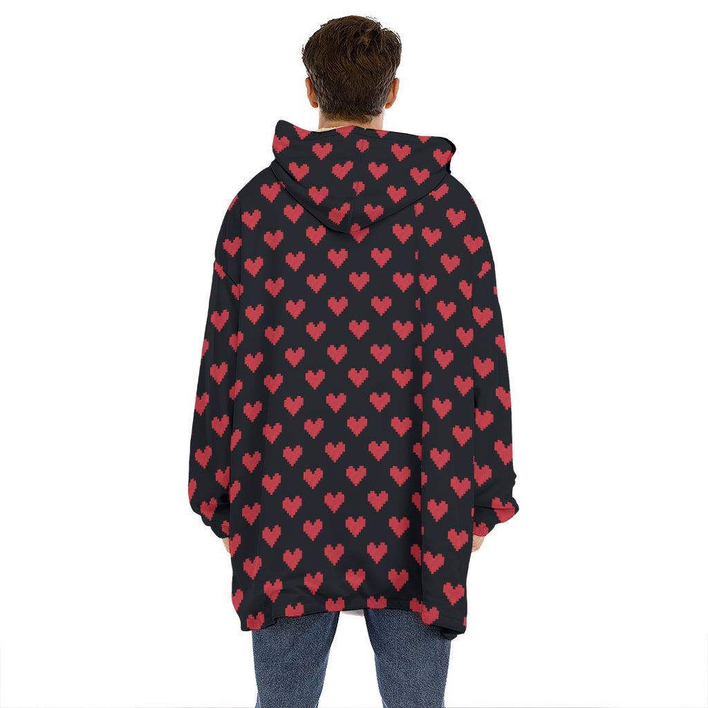 Pixel Heart Pattern Print Hoodie Blanket