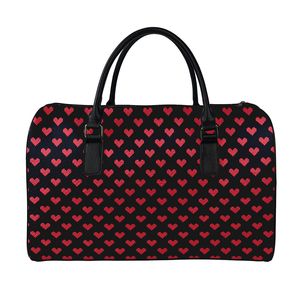 Pixel Heart Pattern Print Leather Duffle Bag
