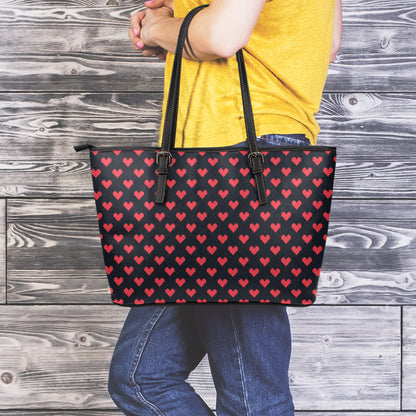 Pixel Heart Pattern Print Leather Tote Bag