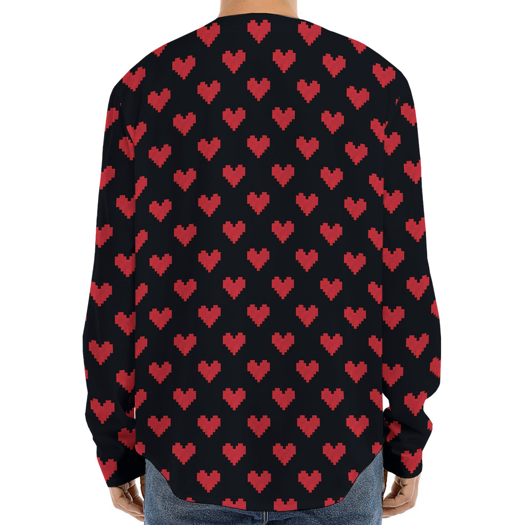 Pixel Heart Pattern Print Long Sleeve Baseball Jersey