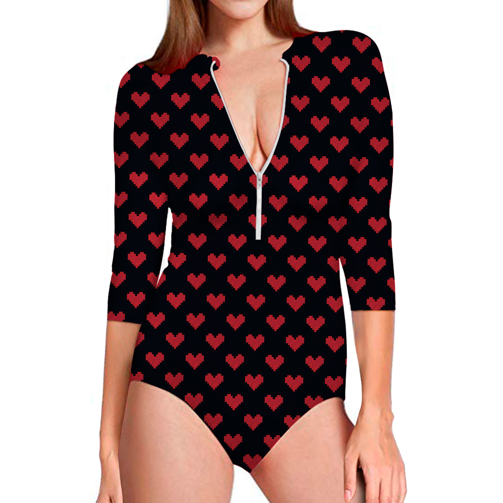 Pixel Heart Pattern Print Long Sleeve Swimsuit