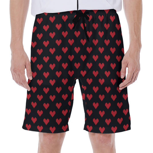 Pixel Heart Pattern Print Men's Beach Shorts