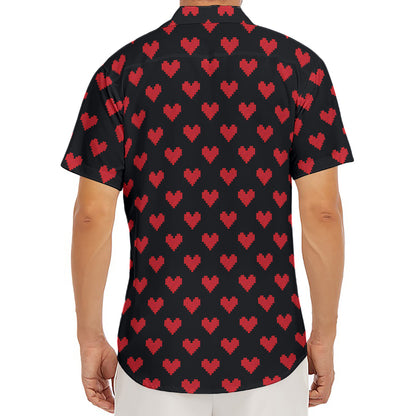 Pixel Heart Pattern Print Men's Deep V-Neck Shirt