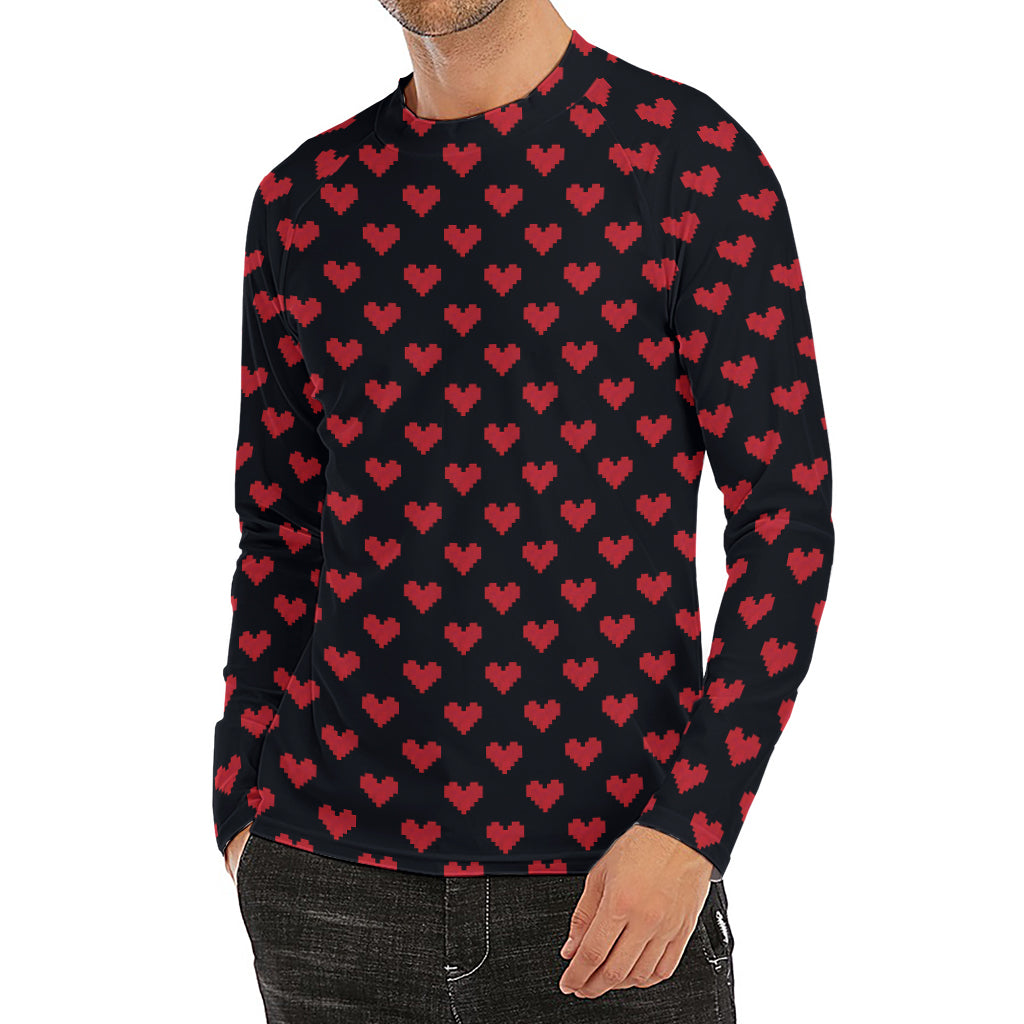 Pixel Heart Pattern Print Men's Long Sleeve Rash Guard