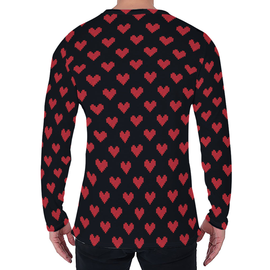 Pixel Heart Pattern Print Men's Long Sleeve T-Shirt