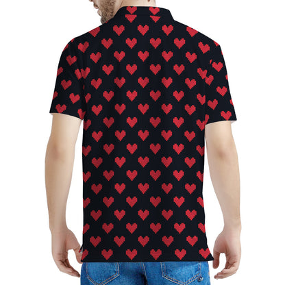 Pixel Heart Pattern Print Men's Polo Shirt