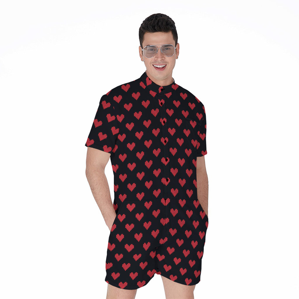 Pixel Heart Pattern Print Men's Rompers