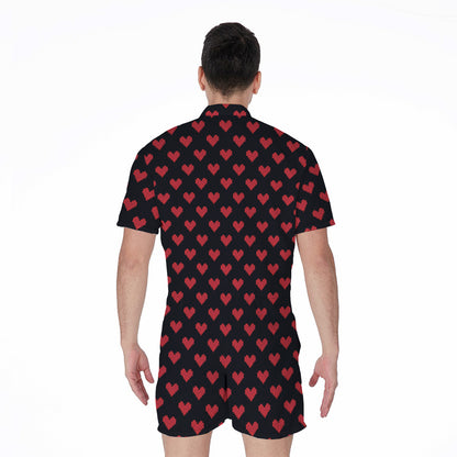 Pixel Heart Pattern Print Men's Rompers