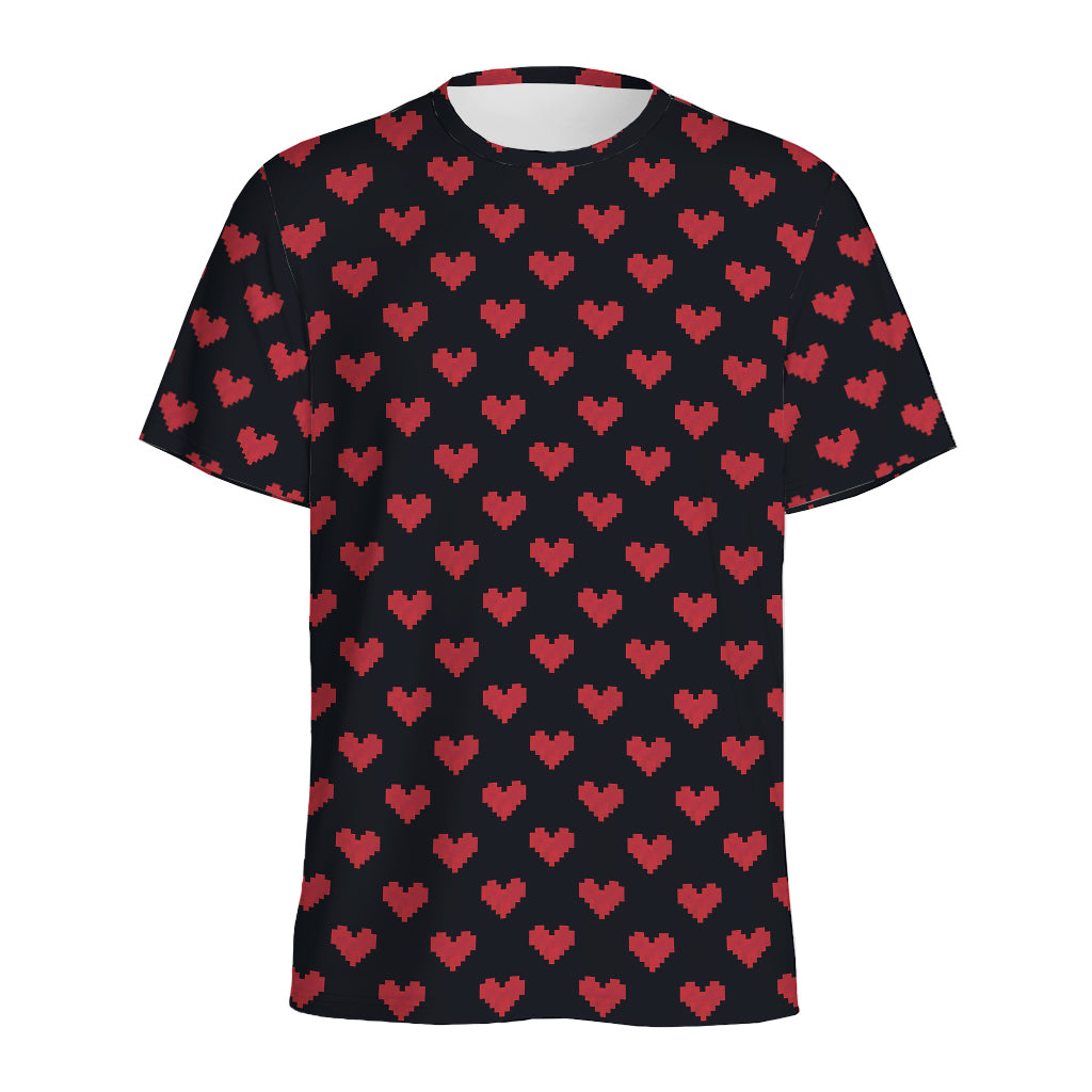Pixel Heart Pattern Print Men's Sports T-Shirt