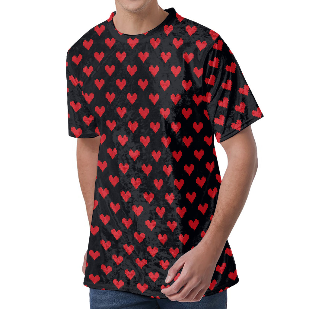 Pixel Heart Pattern Print Men's Velvet T-Shirt