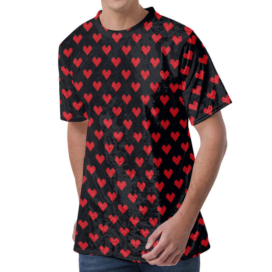 Pixel Heart Pattern Print Men's Velvet T-Shirt