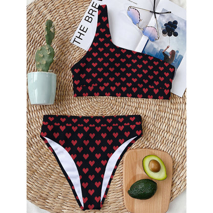 Pixel Heart Pattern Print One Shoulder Bikini Top
