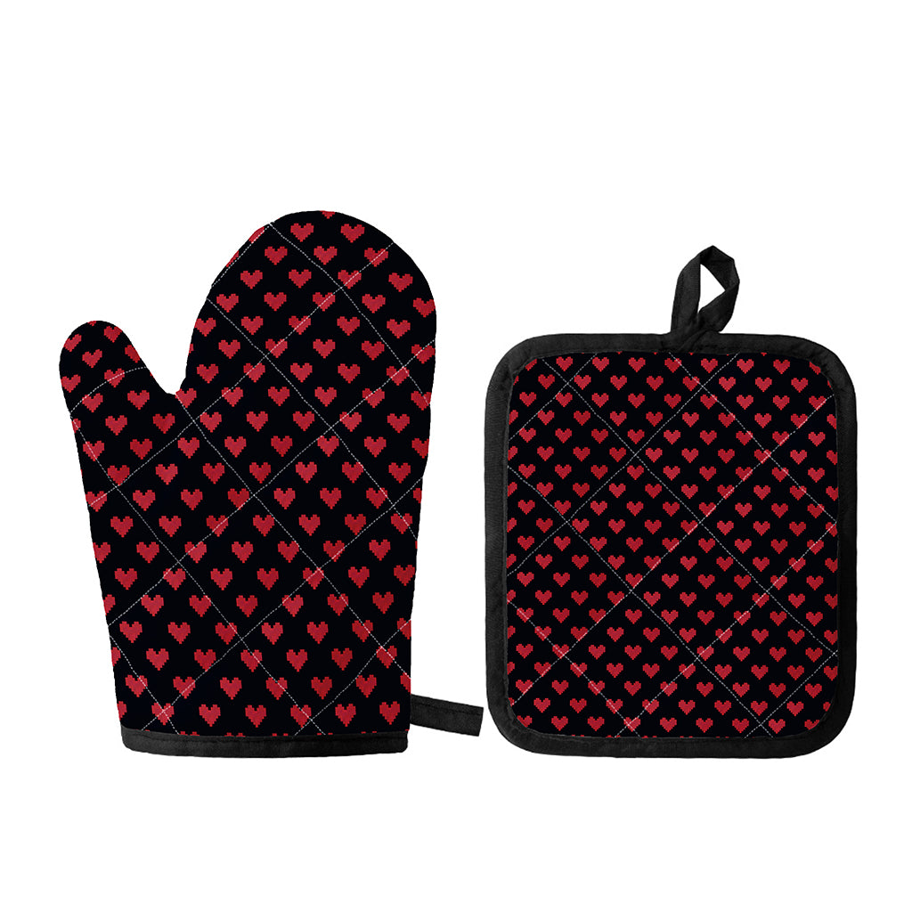 Pixel Heart Pattern Print Oven Mitt And Pot Holder Set