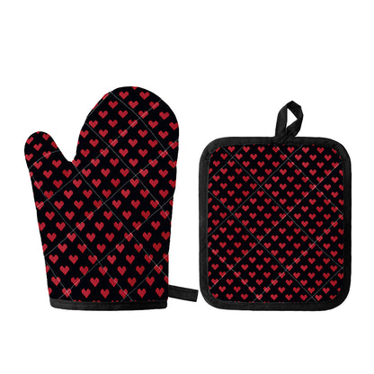 Pixel Heart Pattern Print Oven Mitt And Pot Holder Set