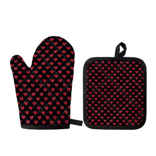 Pixel Heart Pattern Print Oven Mitt And Pot Holder Set