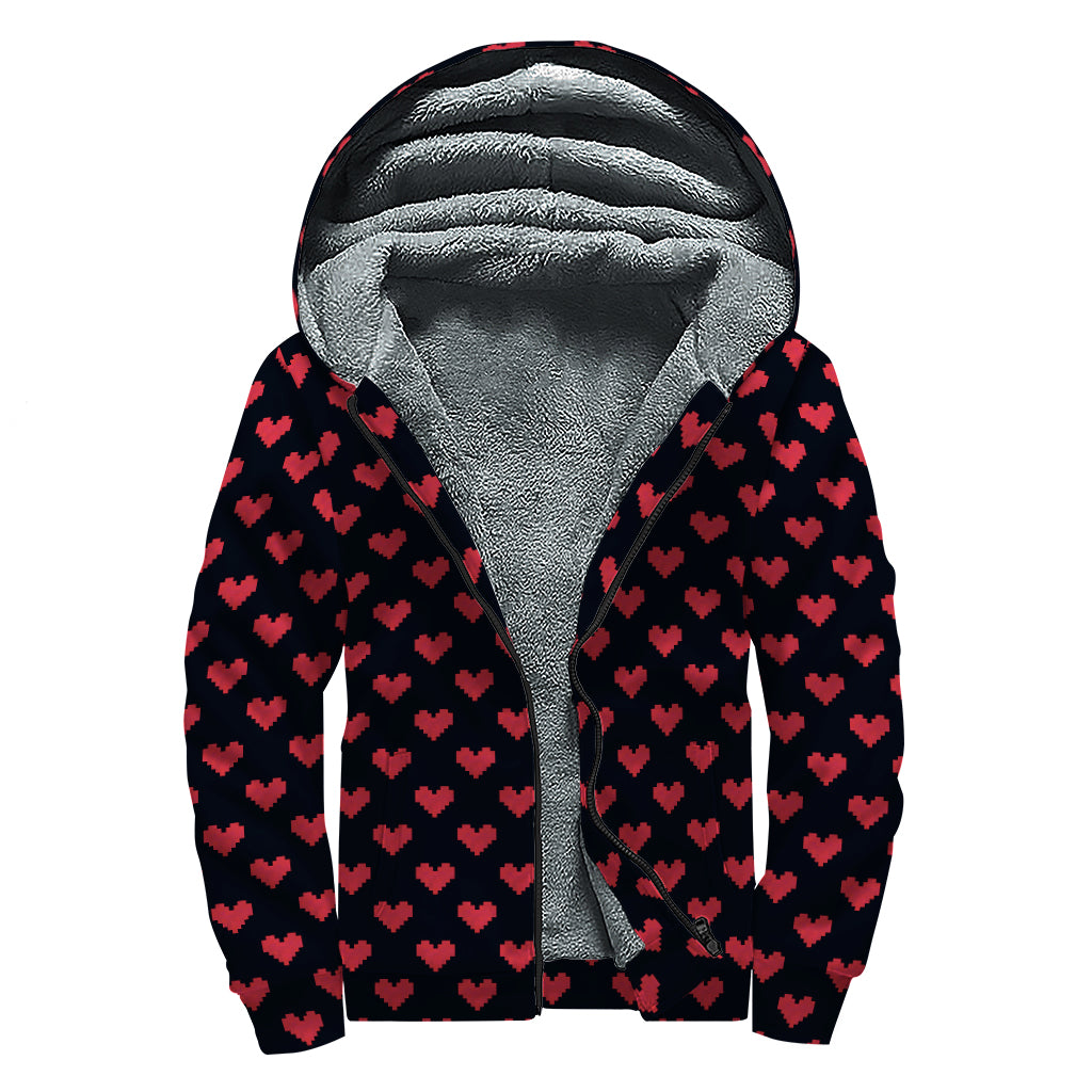 Pixel Heart Pattern Print Sherpa Lined Zip Up Hoodie