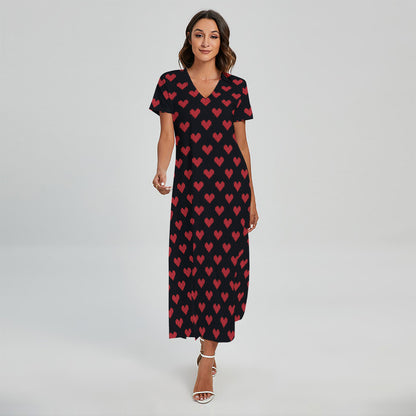 Pixel Heart Pattern Print Short Sleeve Maxi Dress