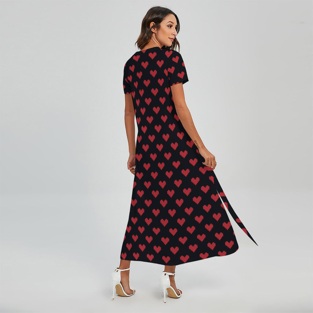 Pixel Heart Pattern Print Short Sleeve Maxi Dress