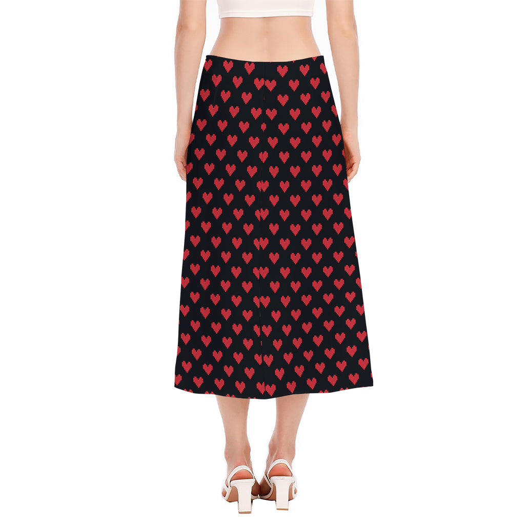 Pixel Heart Pattern Print Side Slit Midi Skirt
