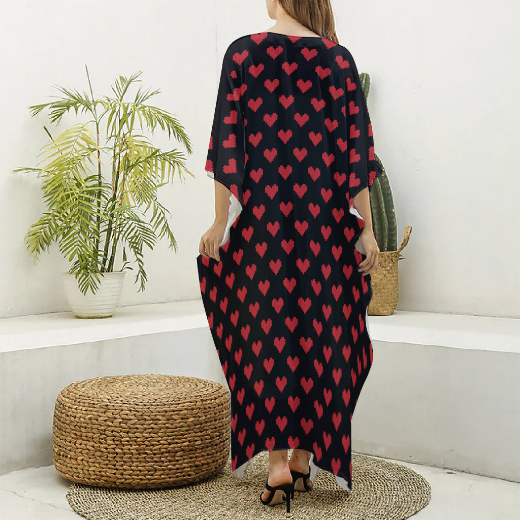 Pixel Heart Pattern Print Silk V-Neck Kaftan Dress