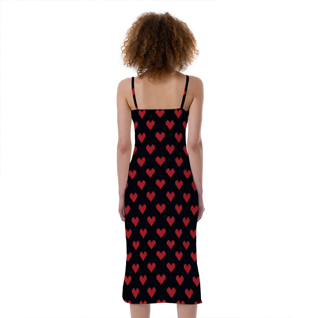 Pixel Heart Pattern Print Slim Fit Midi Cami Dress