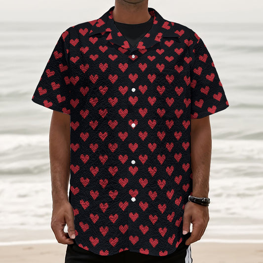 Pixel Heart Pattern Print Textured Short Sleeve Shirt