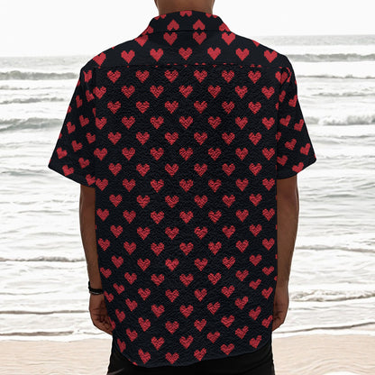 Pixel Heart Pattern Print Textured Short Sleeve Shirt