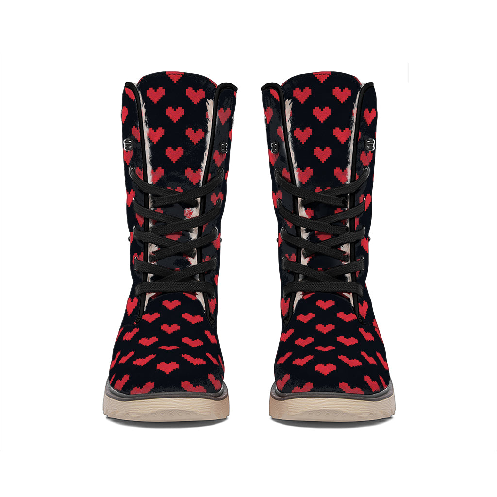 Pixel Heart Pattern Print Winter Boots