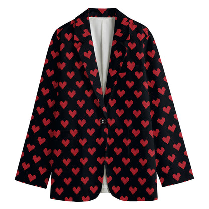 Pixel Heart Pattern Print Women's Cotton Blazer