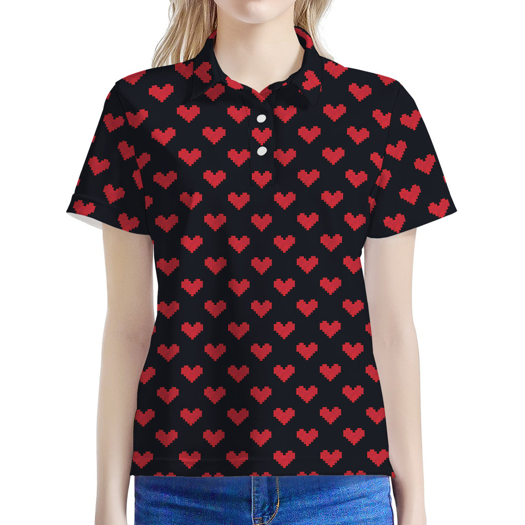 Pixel Heart Pattern Print Women's Polo Shirt