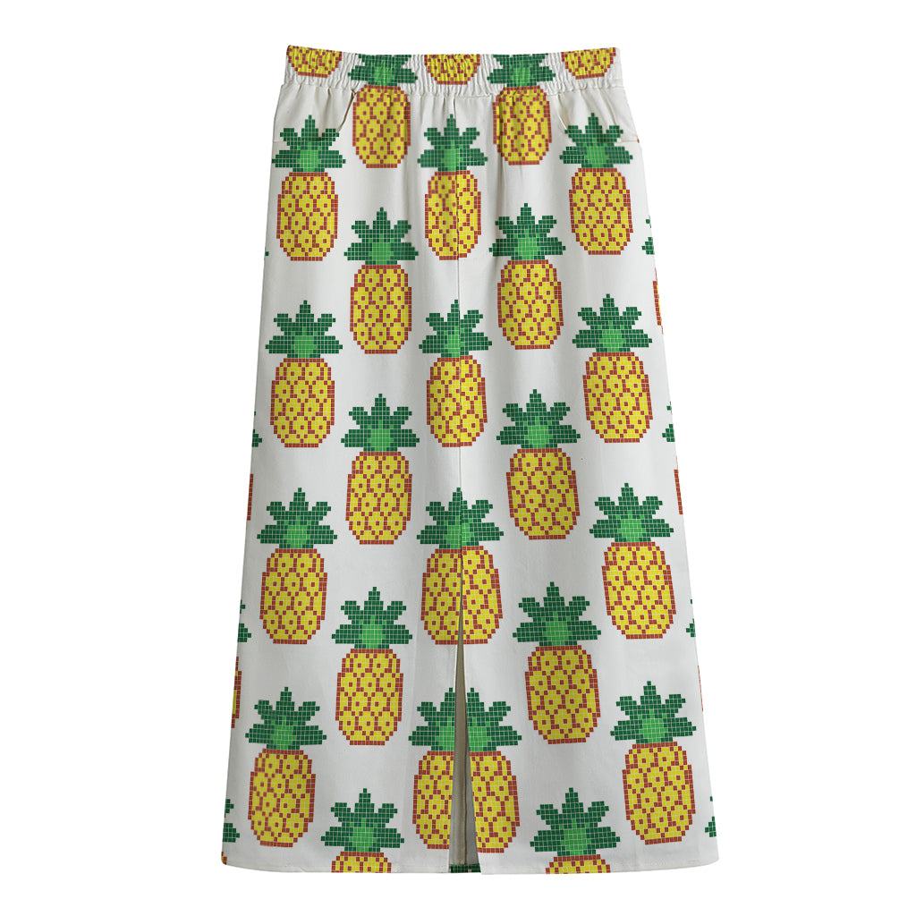 Pixel Pineapple Pattern Print Cotton Front Slit Maxi Skirt