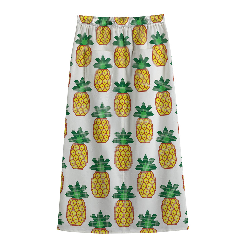 Pixel Pineapple Pattern Print Cotton Front Slit Maxi Skirt