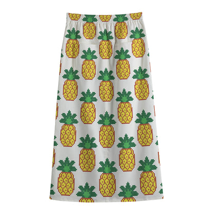 Pixel Pineapple Pattern Print Cotton Front Slit Maxi Skirt