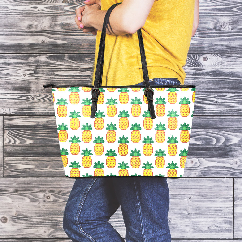 Pixel Pineapple Pattern Print Leather Tote Bag