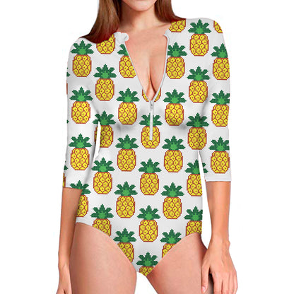 Pixel Pineapple Pattern Print Long Sleeve Swimsuit
