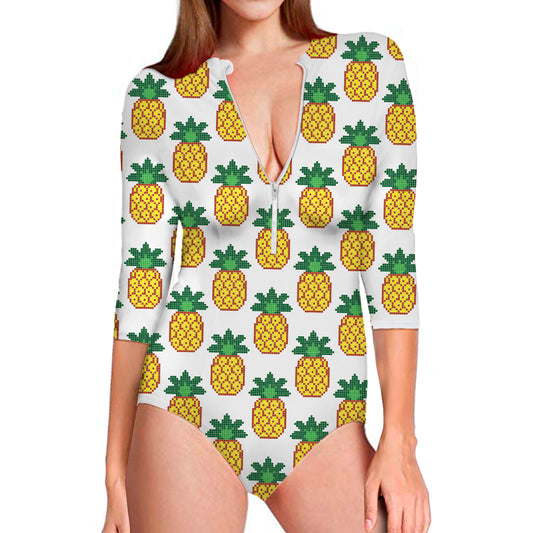 Pixel Pineapple Pattern Print Long Sleeve Swimsuit