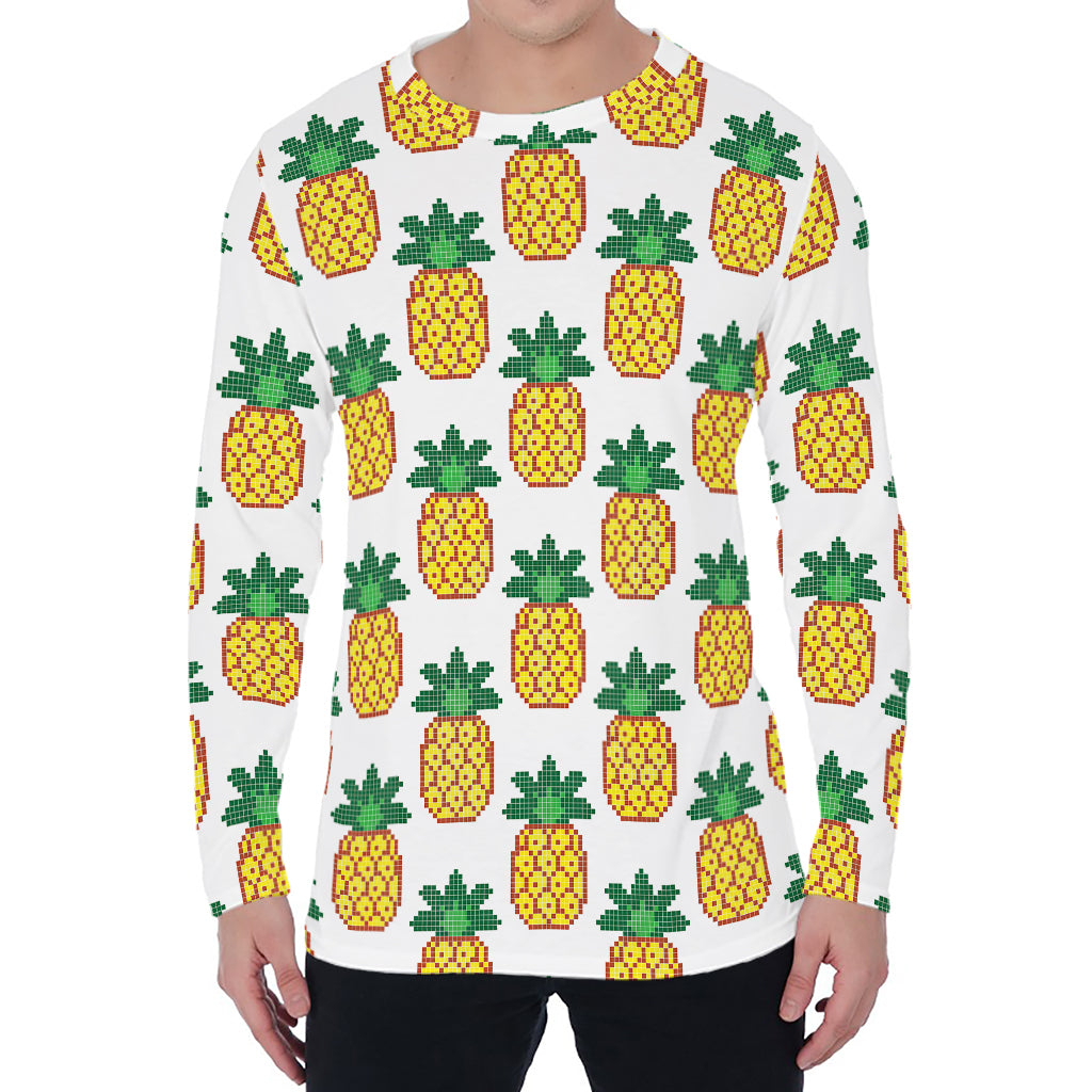 Pixel Pineapple Pattern Print Men's Long Sleeve T-Shirt