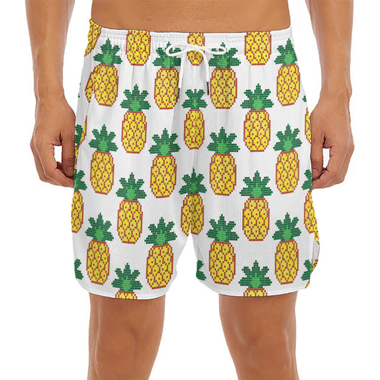 Pixel Pineapple Pattern Print Men's Split Running Shorts