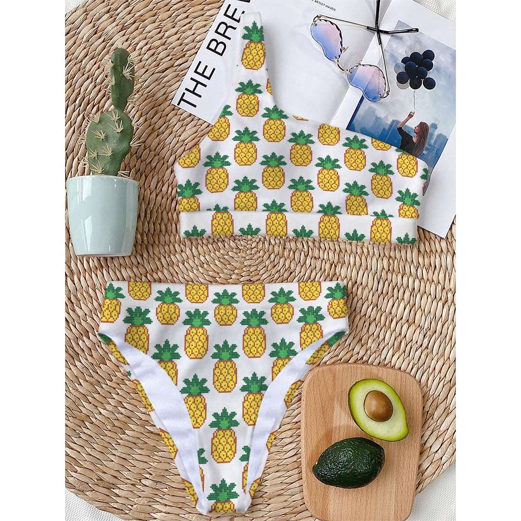 Pixel Pineapple Pattern Print One Shoulder Bikini Top