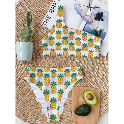 Pixel Pineapple Pattern Print One Shoulder Bikini Top